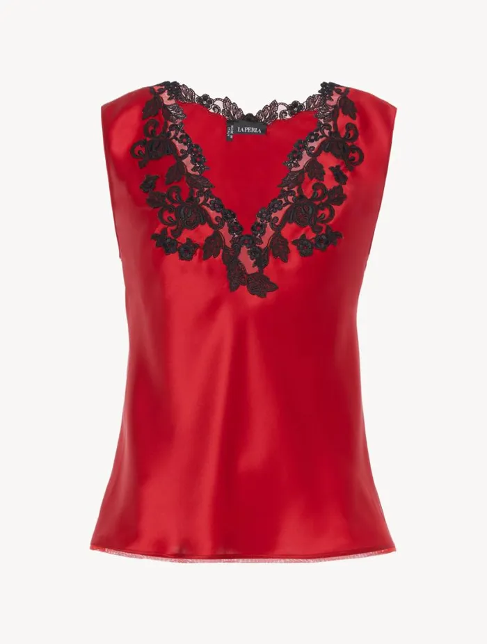 Red Silk Satin Top With Frastaglio Sleepwear La Perla Camisoles