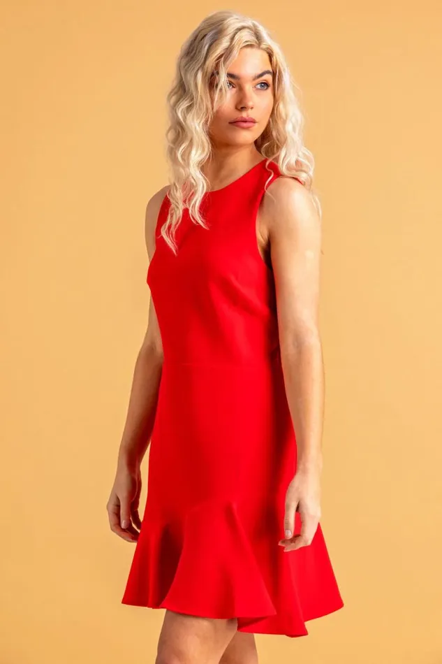 Red Sleeveless Peplum Hem Dress Women Roman Occasionwear