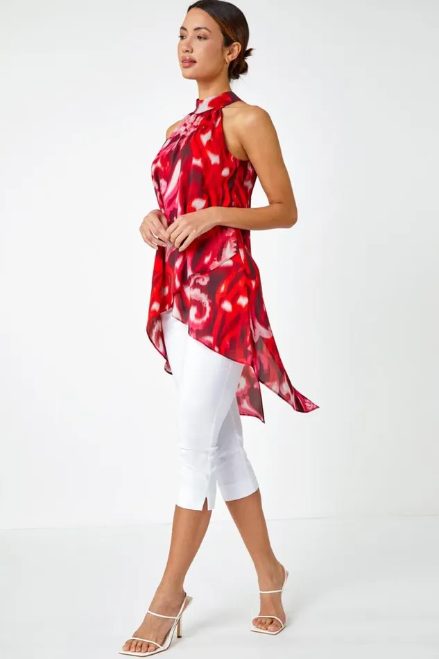 Red Sleeveless Swirl Print Halter Neck Top Women Roman Tops