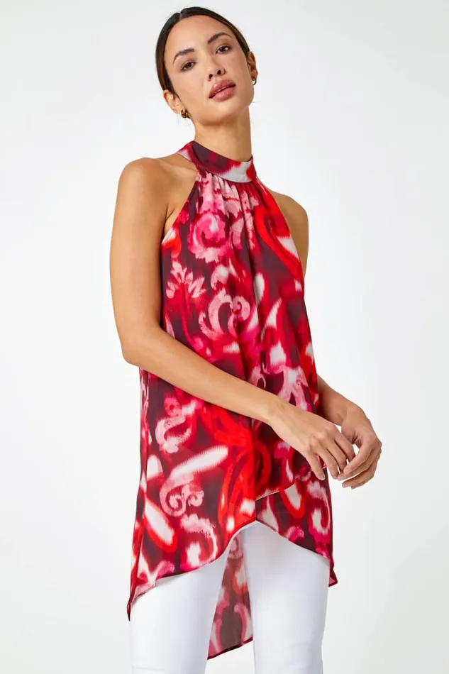 Red Sleeveless Swirl Print Halter Neck Top Women Roman Tops
