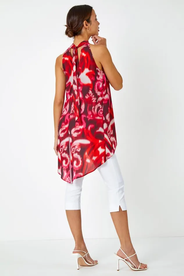 Red Sleeveless Swirl Print Halter Neck Top Women Roman Tops