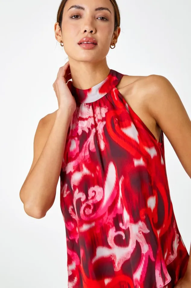 Red Sleeveless Swirl Print Halter Neck Top Women Roman Tops