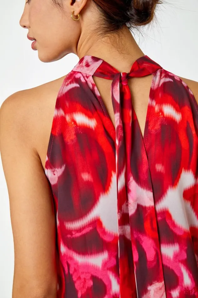 Red Sleeveless Swirl Print Halter Neck Top Women Roman Tops