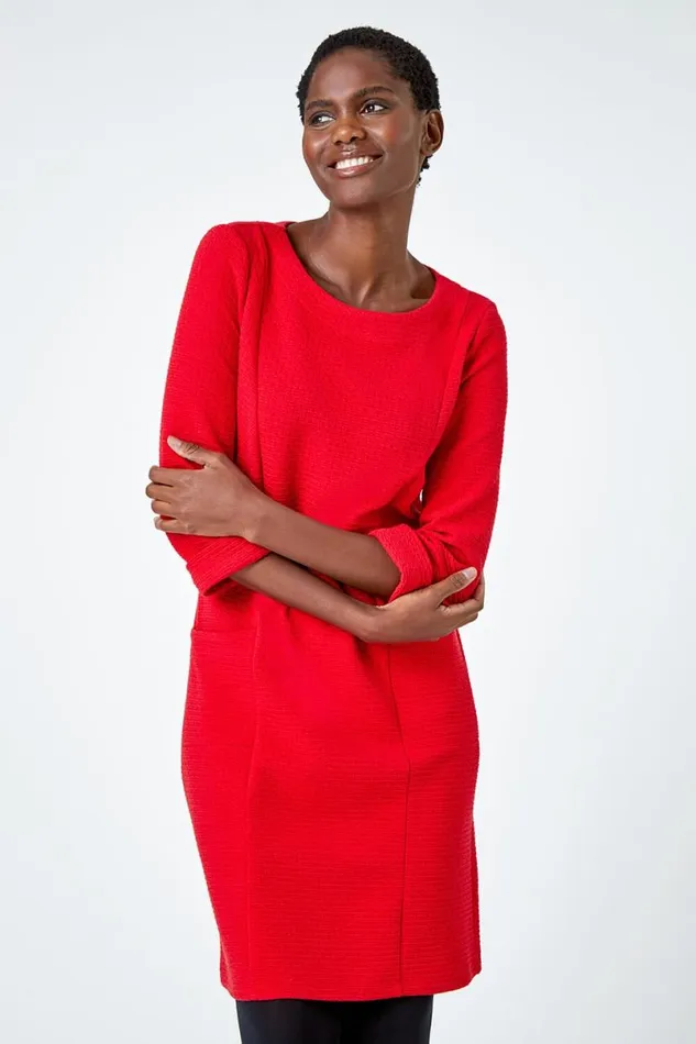 Red Textured Cotton Blend Shift Stretch Dress Women Roman Dresses