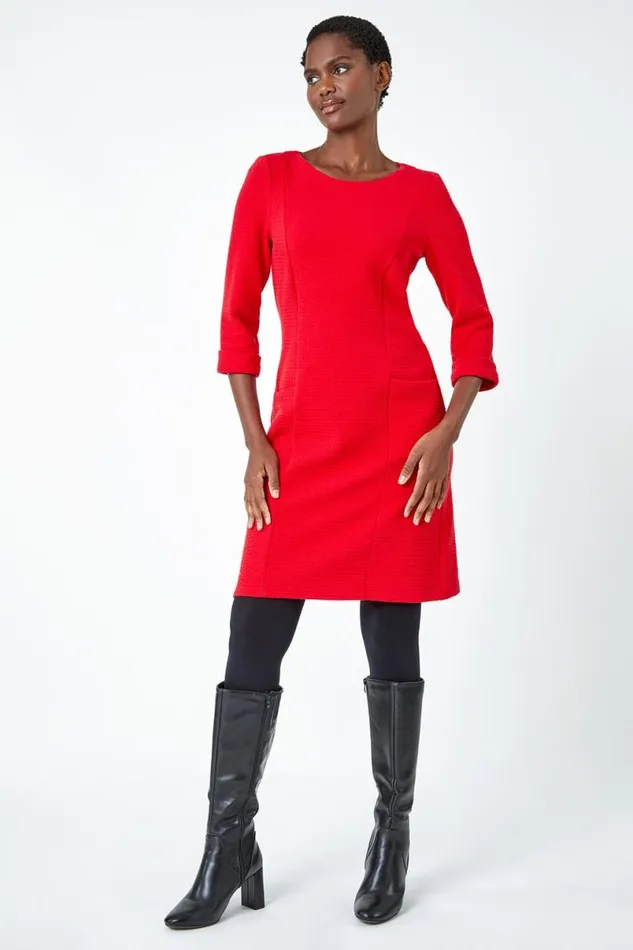 Red Textured Cotton Blend Shift Stretch Dress Women Roman Dresses
