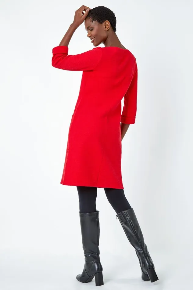 Red Textured Cotton Blend Shift Stretch Dress Women Roman Dresses