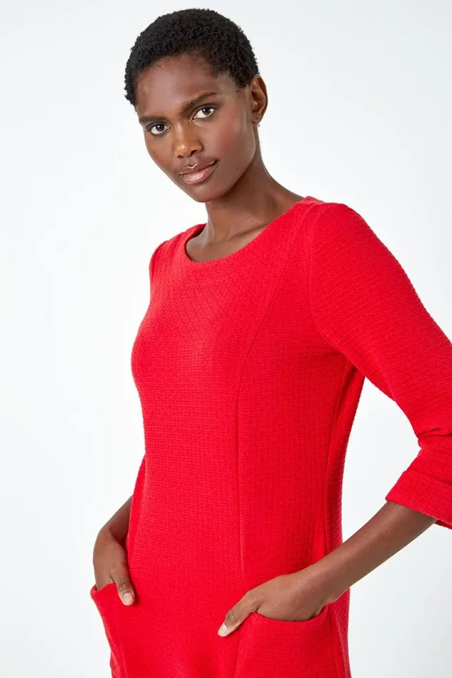 Red Textured Cotton Blend Shift Stretch Dress Women Roman Dresses