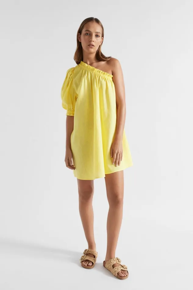 Resort Woman Seed Heritage Linen One Shoulder Mini Dress Lemon Drop