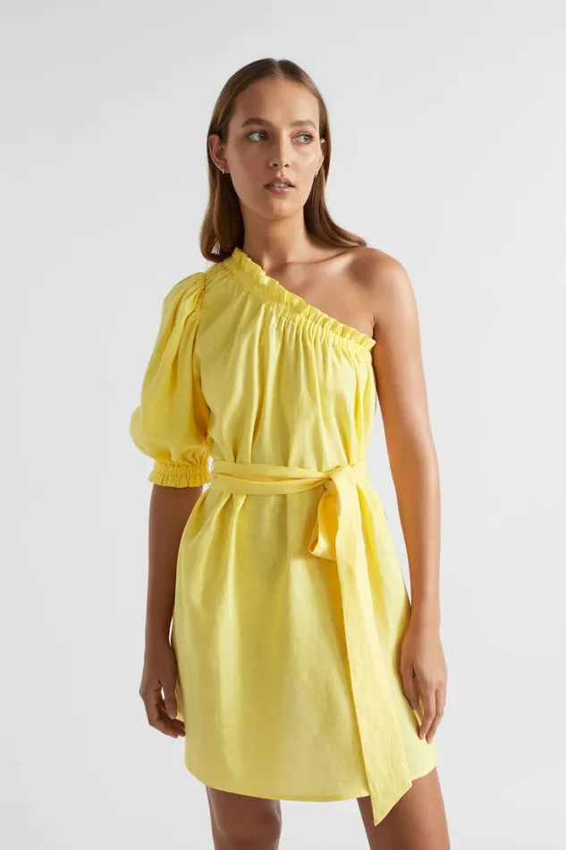 Resort Woman Seed Heritage Linen One Shoulder Mini Dress Lemon Drop