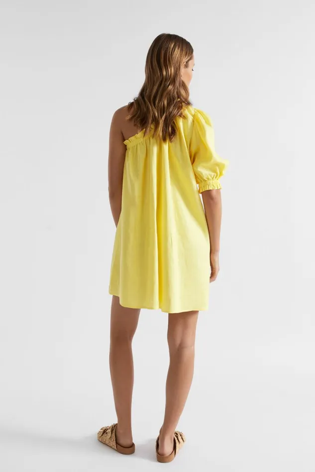 Resort Woman Seed Heritage Linen One Shoulder Mini Dress Lemon Drop
