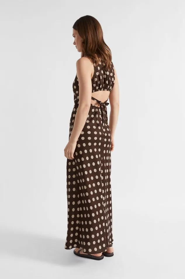 Resort Woman Seed Heritage Linen Spot Maxi Dress Deep Raisin Spot