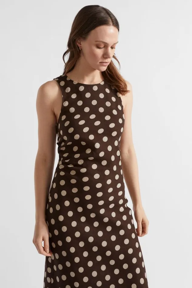 Resort Woman Seed Heritage Linen Spot Maxi Dress Deep Raisin Spot