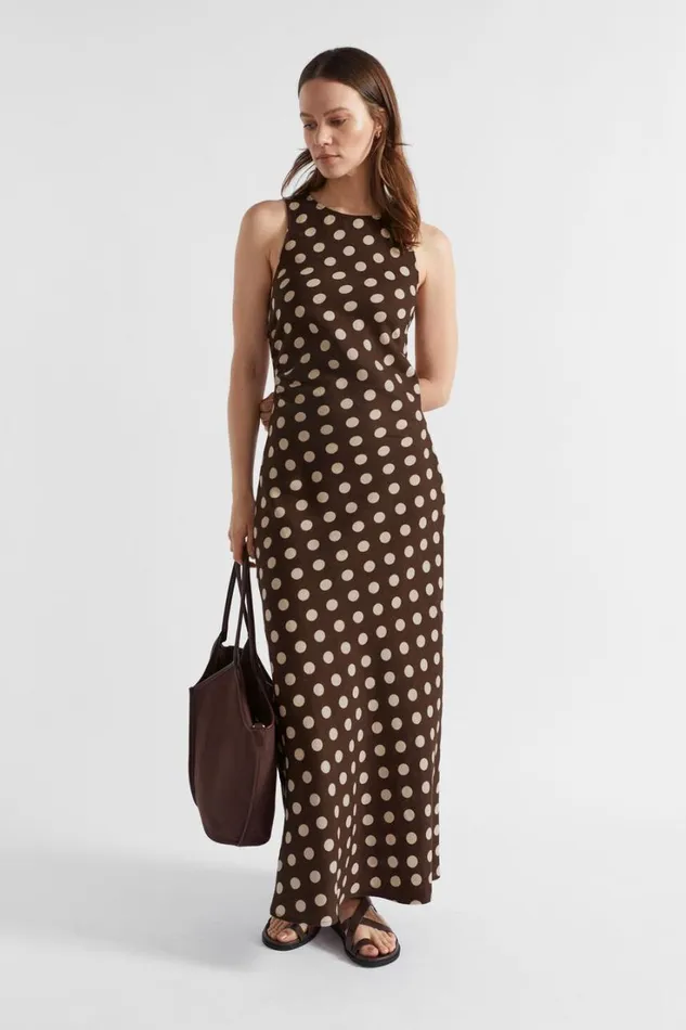 Resort Woman Seed Heritage Linen Spot Maxi Dress Deep Raisin Spot