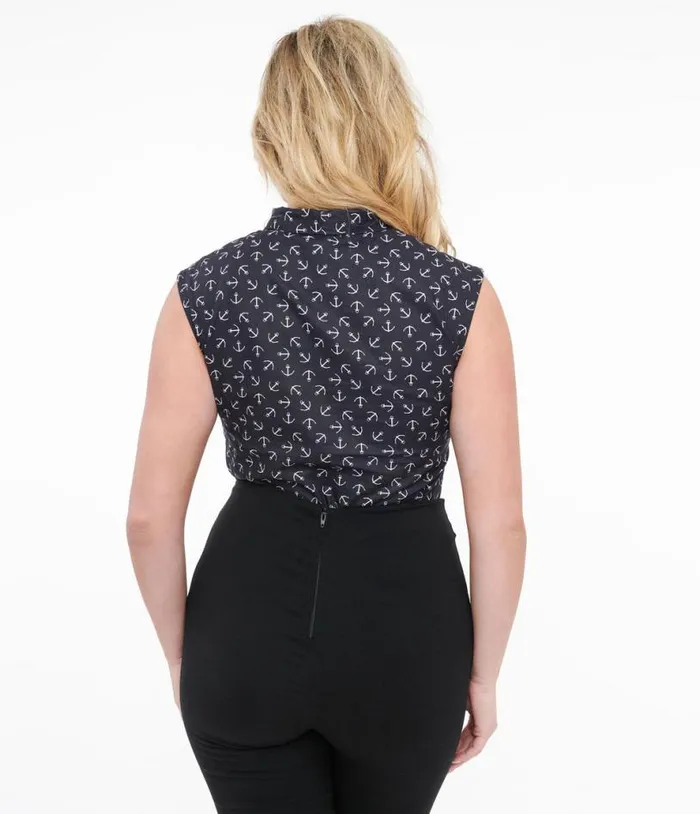 Retrolicious 1950s Navy Anchor Print Cotton Bow Blouse Clothing Unique Vintage Blouses