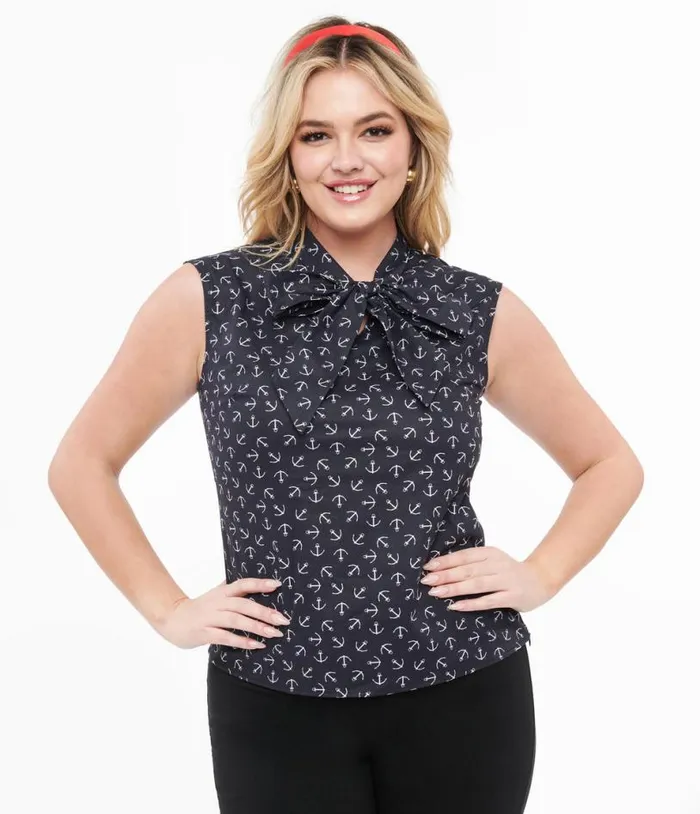 Retrolicious 1950s Navy Anchor Print Cotton Bow Blouse Clothing Unique Vintage Blouses