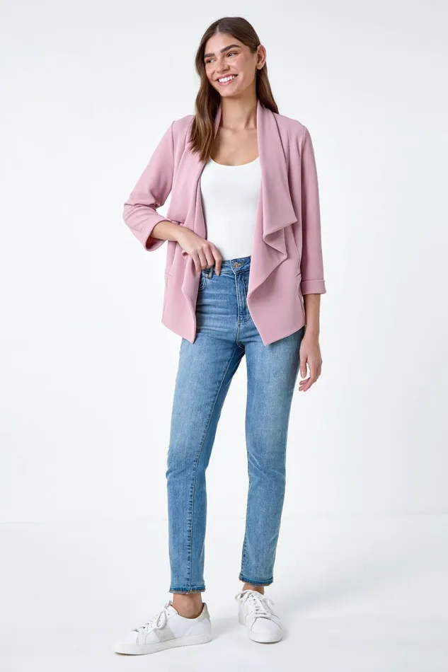 Rose 34 Sleeve Textured Waterfall Front Jacket Women Roman Jackets