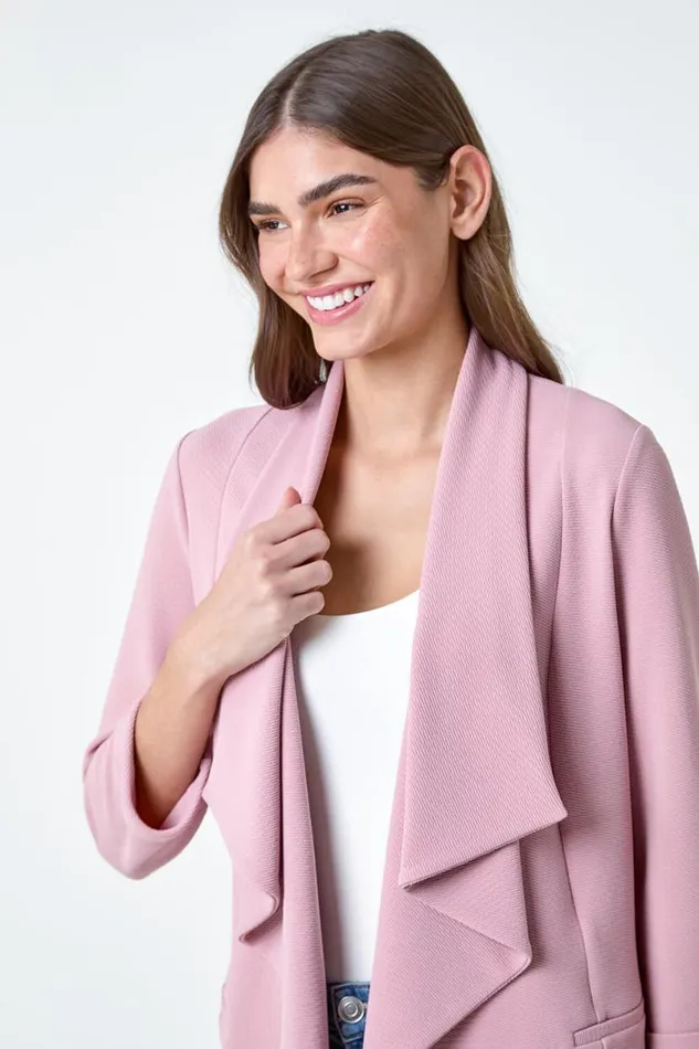 Rose 34 Sleeve Textured Waterfall Front Jacket Women Roman Jackets