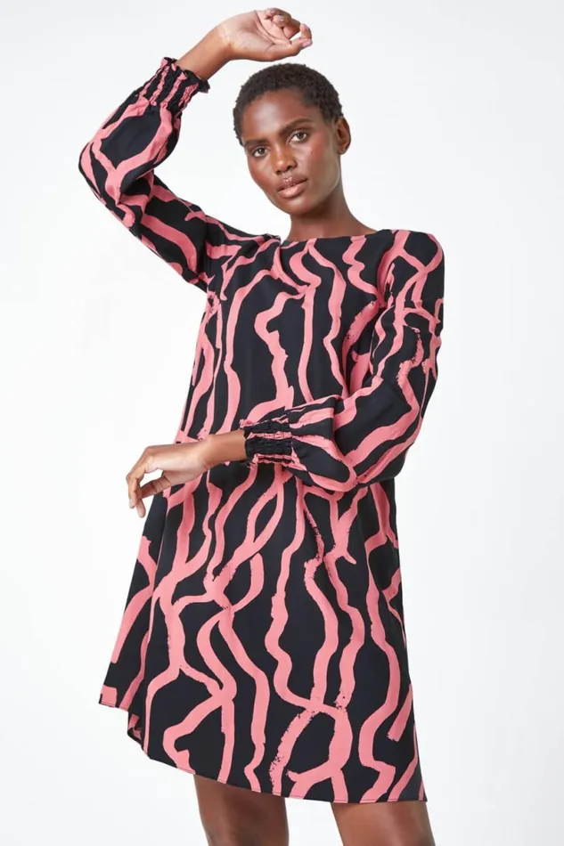 Rose Abstract Line Print Swing Dress Women Roman Dresses