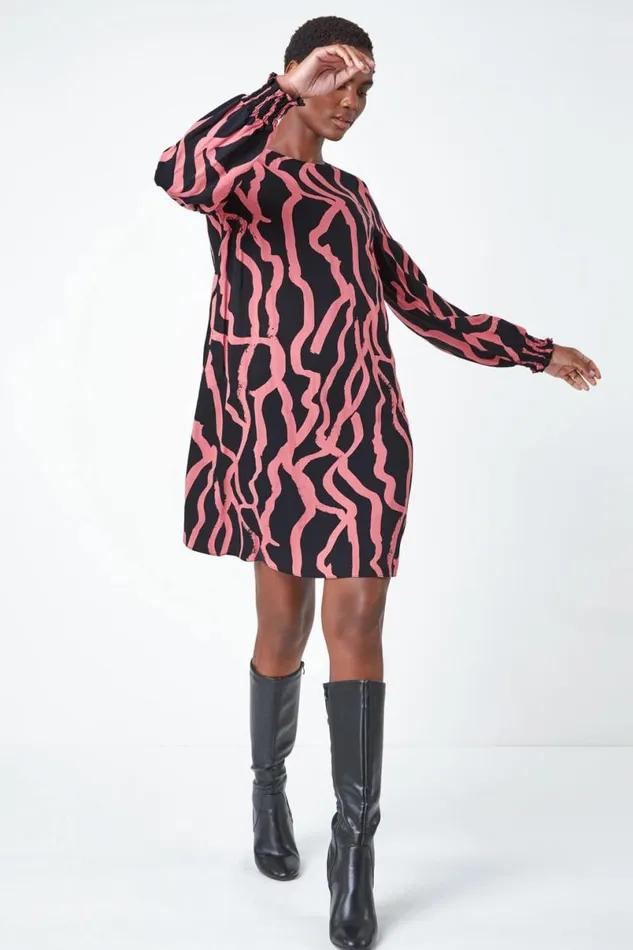 Rose Abstract Line Print Swing Dress Women Roman Dresses