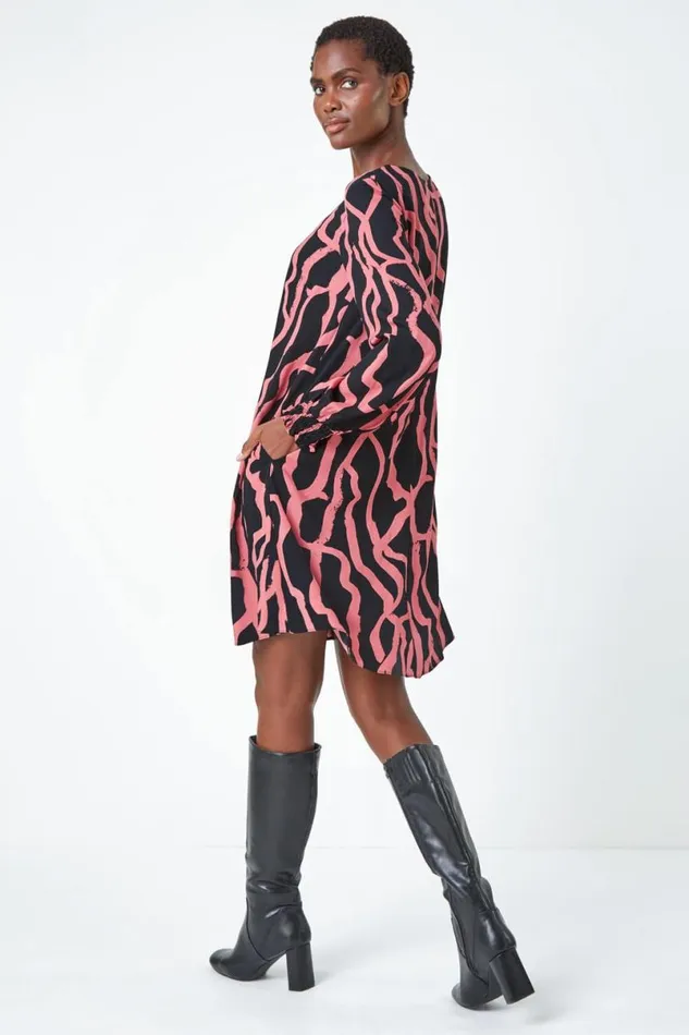 Rose Abstract Line Print Swing Dress Women Roman Dresses