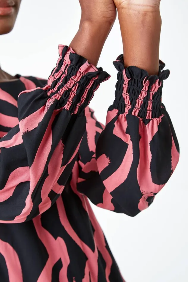 Rose Abstract Line Print Swing Dress Women Roman Dresses