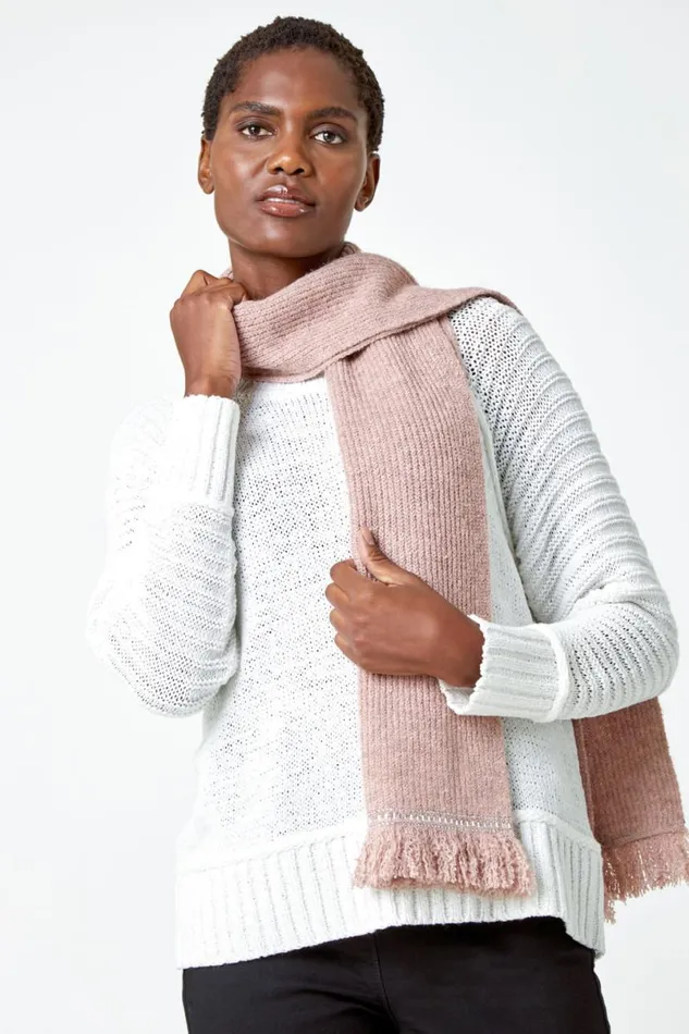 Rose Hotfix Trim Fringe Detail Knit Scarf Women Roman Scarves