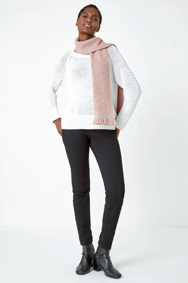Rose Hotfix Trim Fringe Detail Knit Scarf Women Roman Scarves
