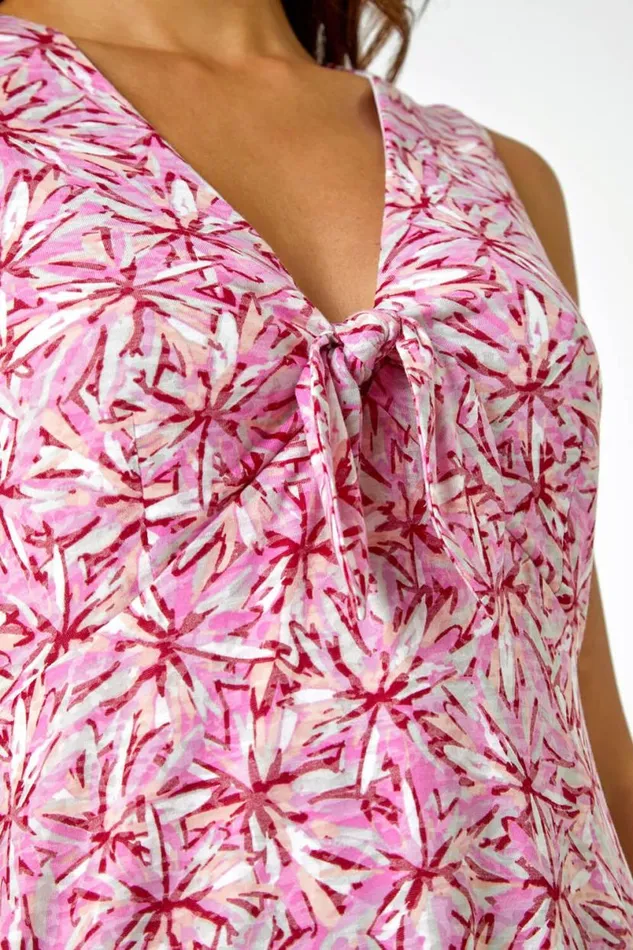 Rose Sleeveless Tie Detail Floral Dress Women Roman Dresses
