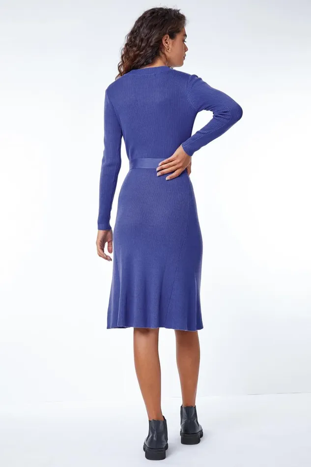 Royal Blue Belted Knitted Midi Dress Women Roman Dresses