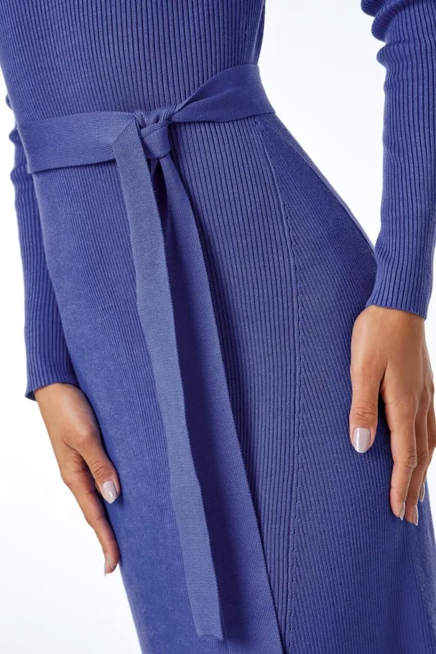 Royal Blue Belted Knitted Midi Dress Women Roman Dresses