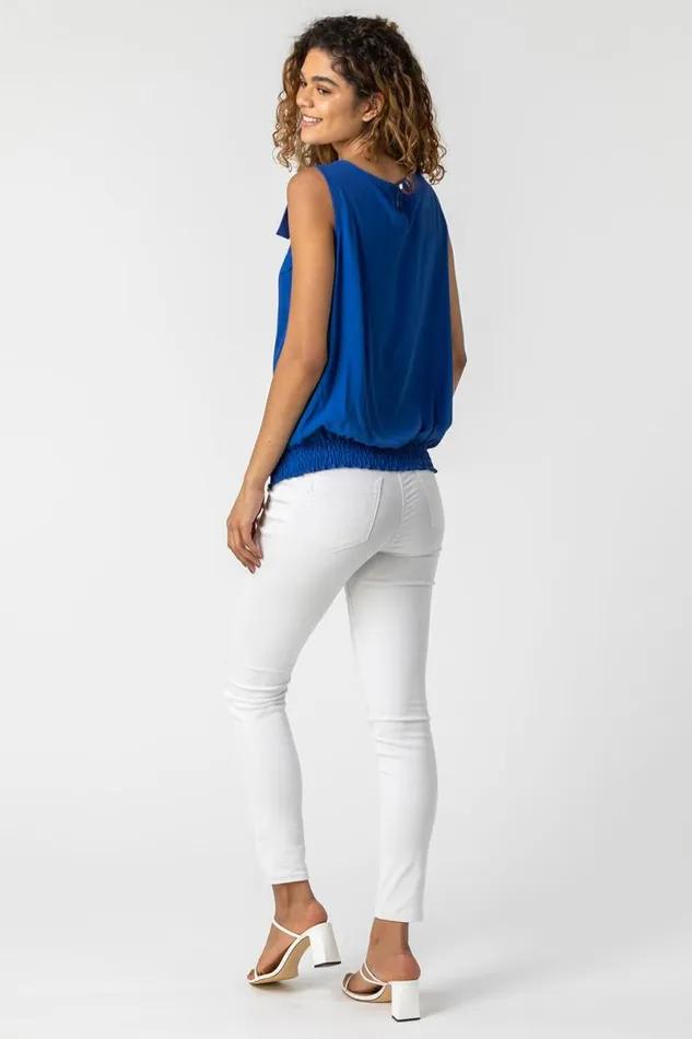 Royal Blue Bow Detail Shirred Hem Chiffon Top Women Roman Tops
