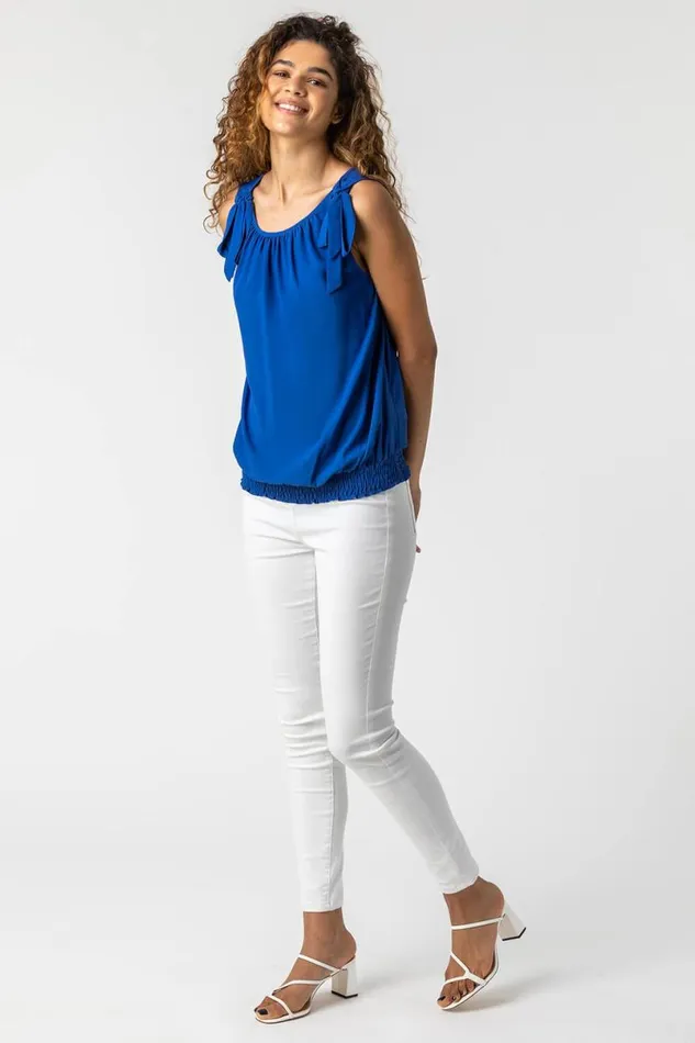 Royal Blue Bow Detail Shirred Hem Chiffon Top Women Roman Tops