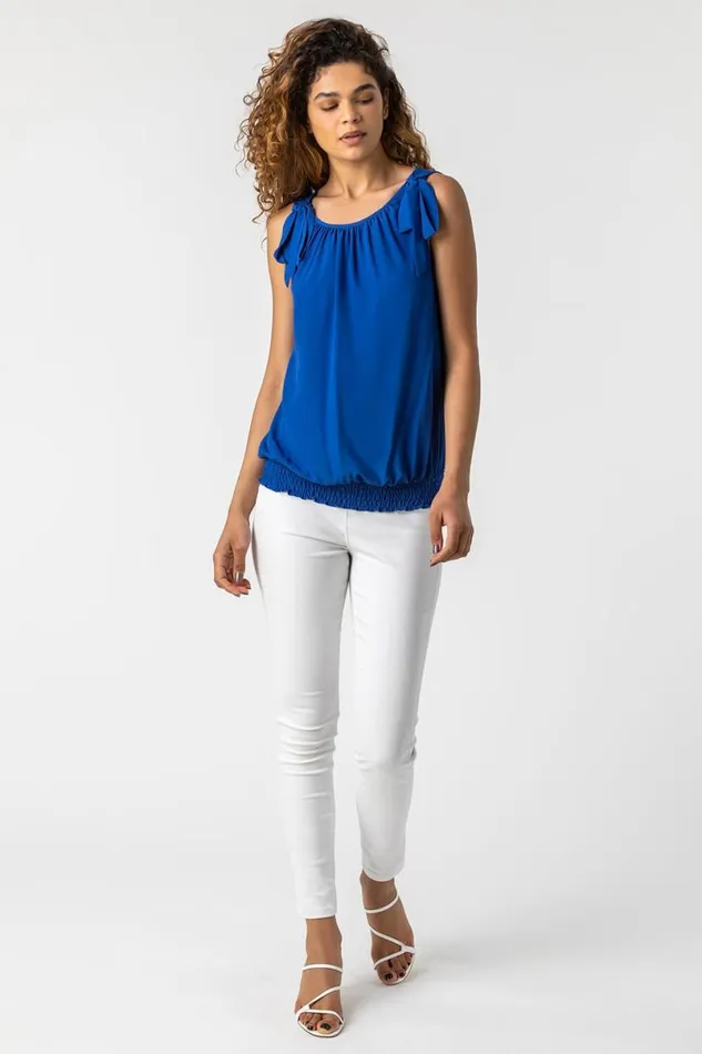 Royal Blue Bow Detail Shirred Hem Chiffon Top Women Roman Tops