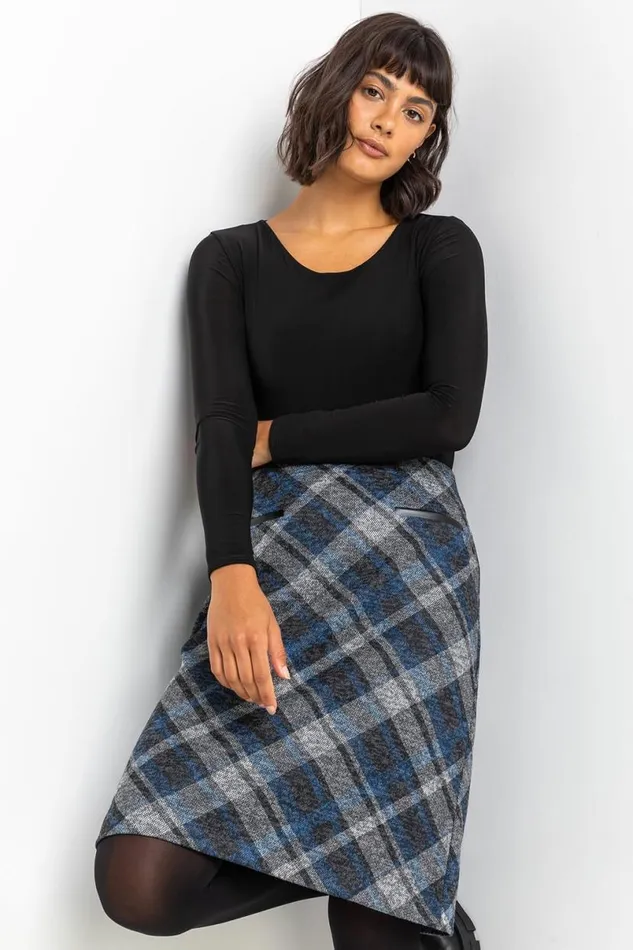 Royal Blue Check Print Textured Elastic Waist Skirt Women Roman Skirts