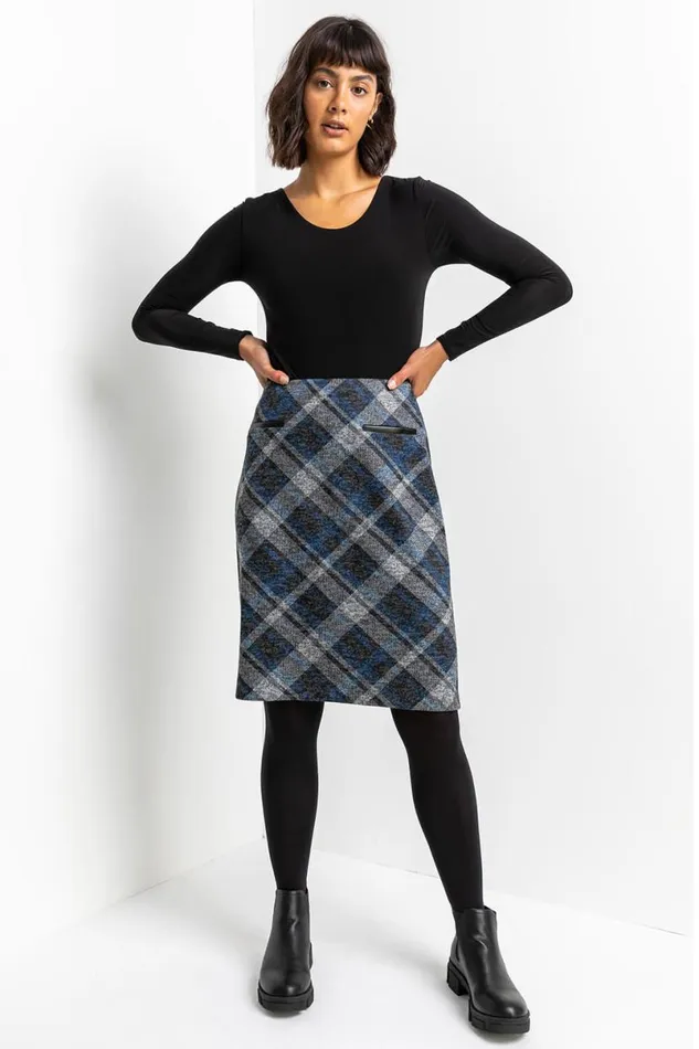 Royal Blue Check Print Textured Elastic Waist Skirt Women Roman Skirts