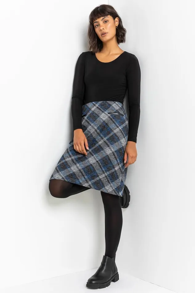 Royal Blue Check Print Textured Elastic Waist Skirt Women Roman Skirts