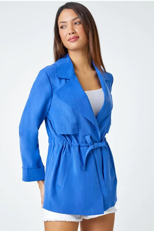 Royal Blue Collared Tie Waist Jacket Women Roman Jackets