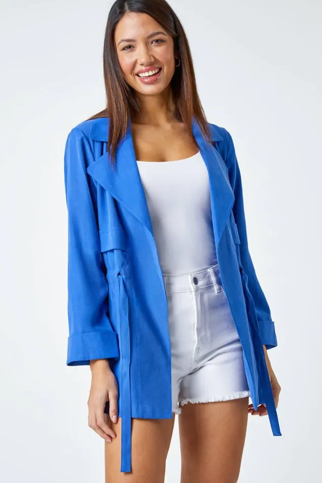 Royal Blue Collared Tie Waist Jacket Women Roman Jackets