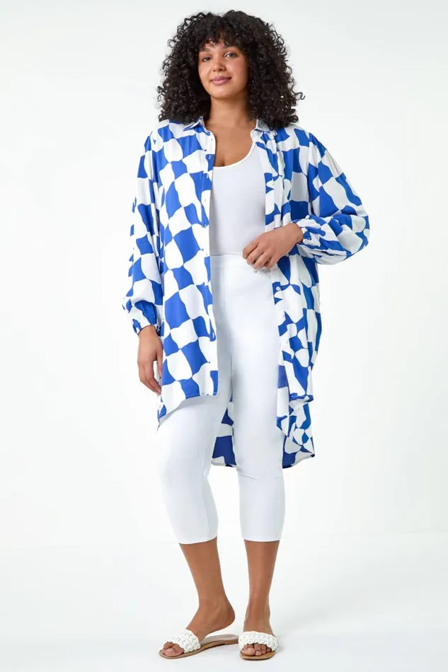 Royal Blue Curve Printed Button Through Shirt Women Roman Tops