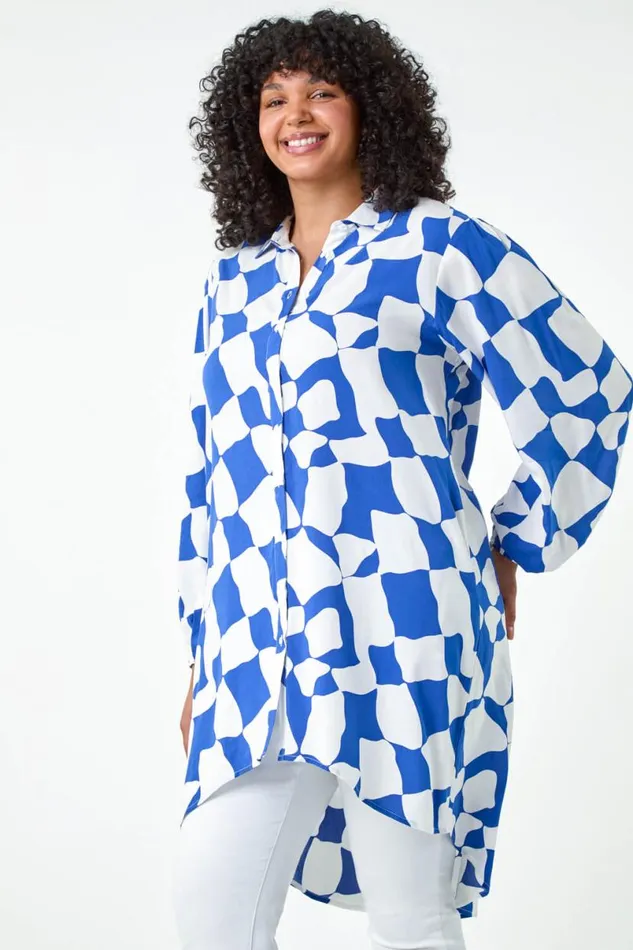 Royal Blue Curve Printed Button Through Shirt Women Roman Tops
