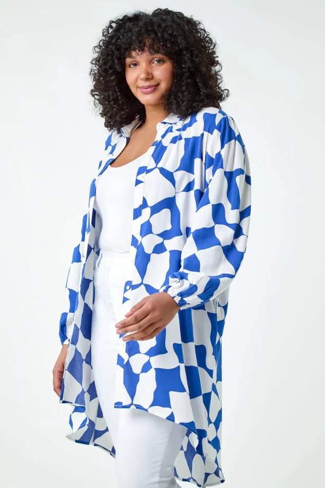 Royal Blue Curve Printed Button Through Shirt Women Roman Tops