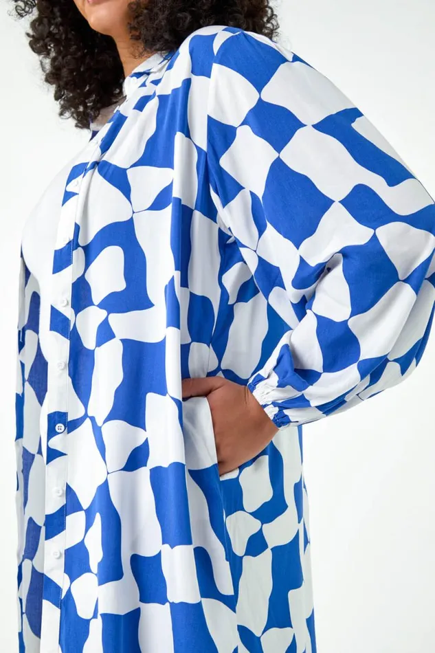 Royal Blue Curve Printed Button Through Shirt Women Roman Tops
