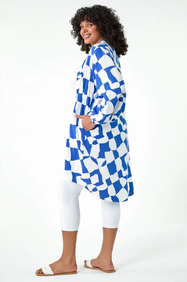 Royal Blue Curve Printed Button Through Shirt Women Roman Tops