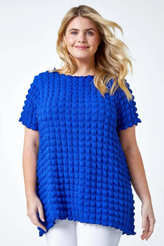 Royal Blue Curve Square Textured Stretch Top Women Roman Tops
