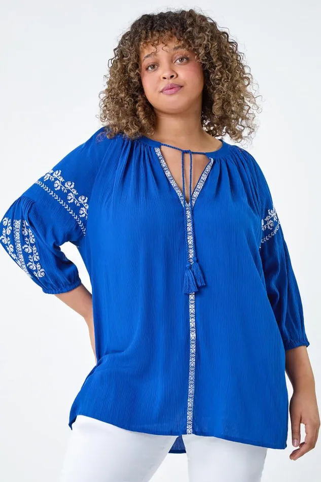 Royal Blue Curve Tie Neck Embroidered VNeck Smock Top Women Roman Tops