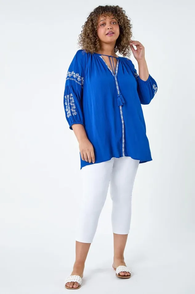 Royal Blue Curve Tie Neck Embroidered VNeck Smock Top Women Roman Tops