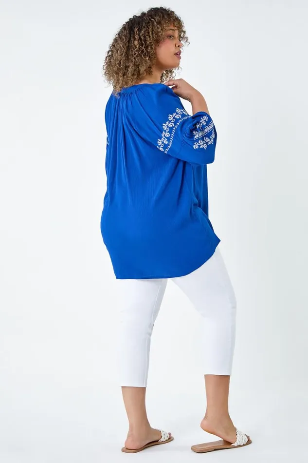 Royal Blue Curve Tie Neck Embroidered VNeck Smock Top Women Roman Tops