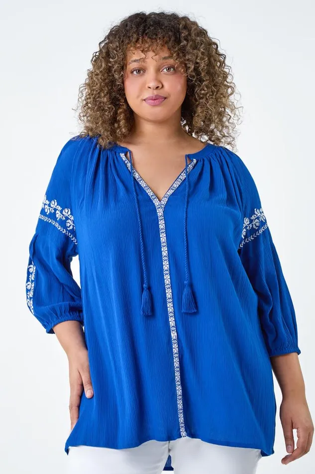 Royal Blue Curve Tie Neck Embroidered VNeck Smock Top Women Roman Tops