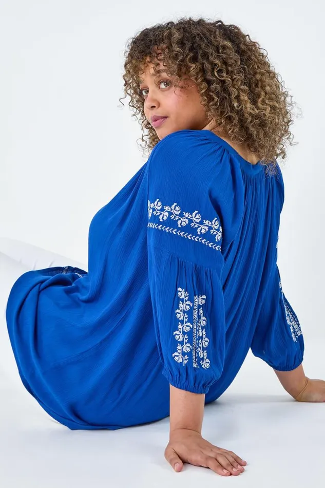 Royal Blue Curve Tie Neck Embroidered VNeck Smock Top Women Roman Tops
