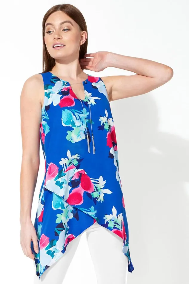 Royal Blue Floral Print Asymmetric Top With Necklace Women Roman Tops